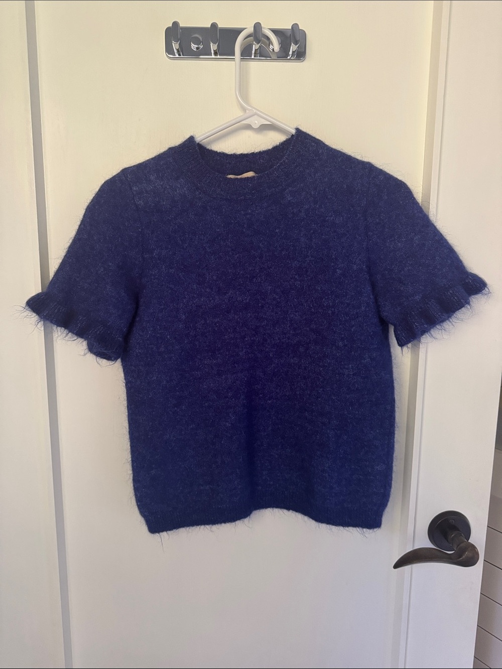 Sezane cobalt blue Short-Sleeve Fuzzy Crewneck Sweater